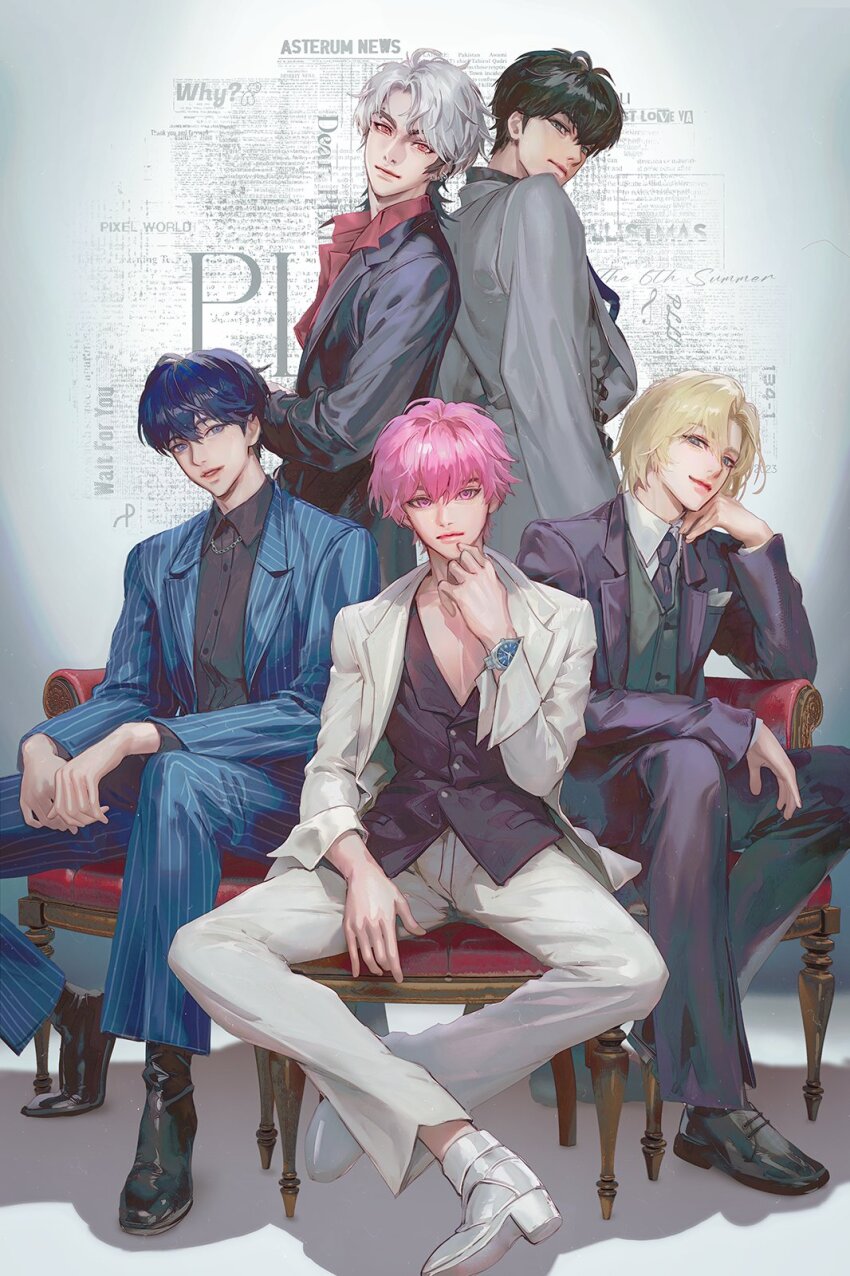 5boys antenna_hair bamby_(plave) black_eyes black_hair black_shoes black_suit black_vest blonde_hair blue_eyes blue_hair blue_pants bt_6924 english_text eunho_(plave) formal_clothes full_body grey_suit hair_between_eyes hamin_(plave) hand_on_own_chin highres k-pop looking_at_viewer male_focus medium_hair multiple_boys noah_(plave) on_chair pants parted_bangs pink_eyes pink_hair pinstripe_pants pinstripe_pattern pinstripe_suit plave red_eyes shoes short_hair suit vest watch white_hair white_pants white_shoes white_suit wristwatch yejun_(plave)