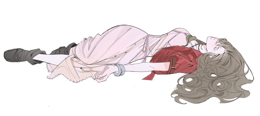 1girl aerith_gainsborough bangle boots bracelet breasts brown_boots brown_hair buttons choker closed_eyes cropped_jacket dress final_fantasy final_fantasy_vii final_fantasy_vii_rebirth final_fantasy_vii_remake full_body hair_over_one_eye highres jacket jewelry lentymet long_dress long_hair lying medium_breasts on_back parted_bangs pink_dress red_jacket short_sleeves solo unconscious wavy_hair white_background