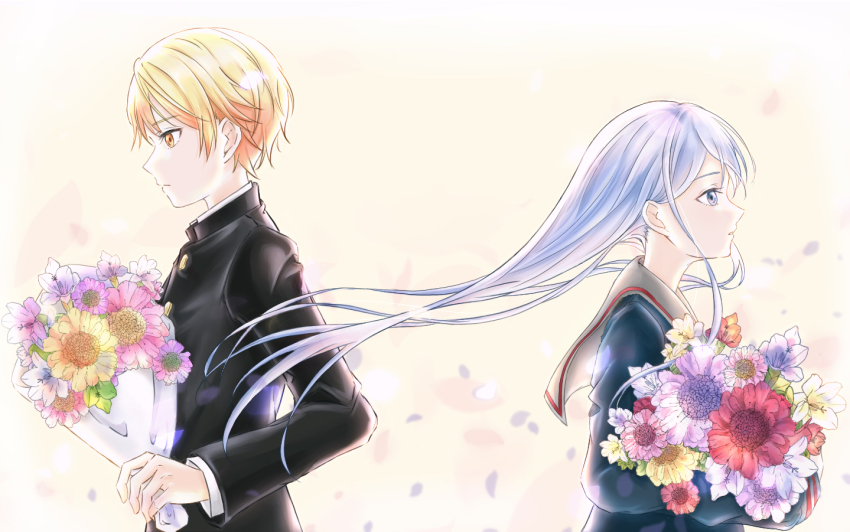 1boy 1girl anne_(violin25iori) black_jacket blonde_hair blue_eyes bouquet collared_shirt commentary_request expressionless falling_petals flower from_side gakuran grey_hair grey_sailor_collar holding holding_bouquet jacket parted_lips petals pink_flower project_sekai purple_flower red_flower sailor_collar school_uniform shirt tenma_tsukasa white_shirt yellow_eyes yellow_flower yoisaki_kanade