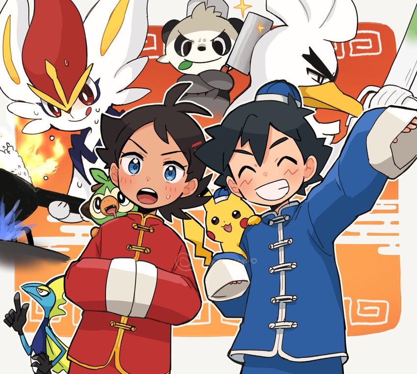 2boys :q alternate_costume antenna_hair ash_ketchum black_hair blue_eyes blue_hat blue_jacket blue_pants chinese_clothes cinderace closed_eyes commentary_request creatures_(company) facing_viewer frying_pan game_freak gen_1_pokemon gen_6_pokemon gen_8_pokemon goh_(pokemon) grin grookey hat highres holding holding_frying_pan inteleon jacket long_sleeves male_focus multiple_boys nintendo open_mouth pancham pants pikachu pokemon pokemon_(anime) pokemon_(creature) pokemon_journeys pokesumomo red_jacket red_pants short_hair sirfetch&#039;d smile sweat sweatdrop teeth tongue tongue_out upper_teeth_only wok