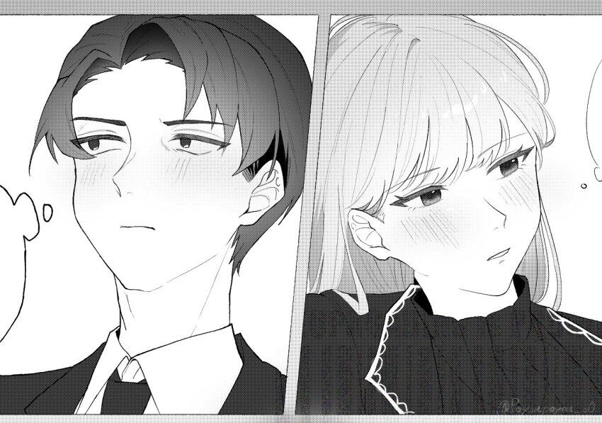 1boy 1girl angelica_(project_moon) blush closed_mouth collared_shirt greyscale lapels library_of_ruina long_hair monochrome necktie parted_bangs parted_lips portrait project_moon ribbed_sweater rinne_(poyonpoyon_o0) roland_(project_moon) shirt silver_trim sweater very_long_hair