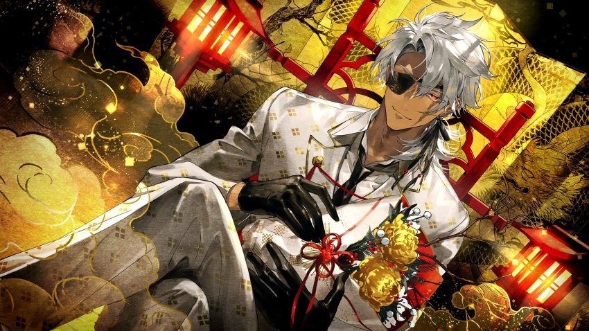 1boy absurdres alchemy_stars bikkusama black_gloves black_necktie bouquet closed_mouth collared_shirt crossed_legs dark-skinned_male dark_skin dutch_angle eyepatch feet_out_of_frame flower folding_screen gloves grey_hair highres jacket lantern long_hair long_sleeves looking_at_viewer male_focus necktie pants parted_bangs red_eyes red_ribbon ribbon scar scar_across_eye scar_on_face shirt sitting smile solo taki_(alchemy_stars) white_day white_jacket white_pants white_shirt wooden_lantern