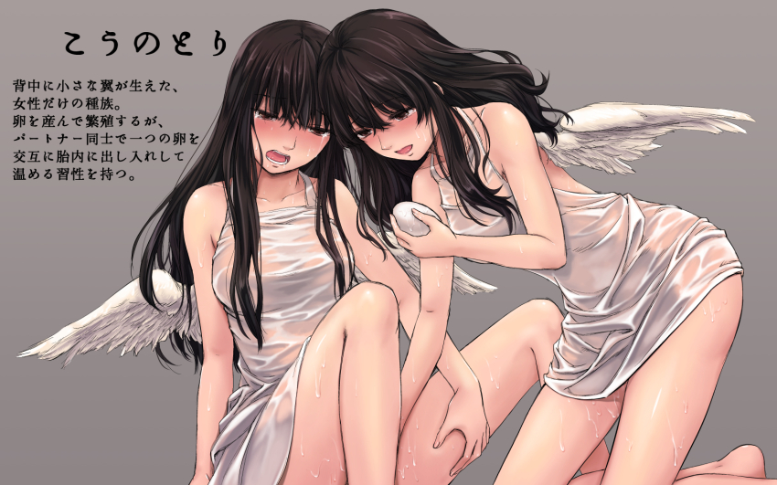 bare_arms bare_legs barefoot black_hair blush brown_eyes dress egg egg_laying grey_background highres holding holding_egg long_hair open_mouth original see-through_clothes see-through_dress simple_background sweat takekawa_shin tears translation_request wet wet_clothes white_dress wings yuri