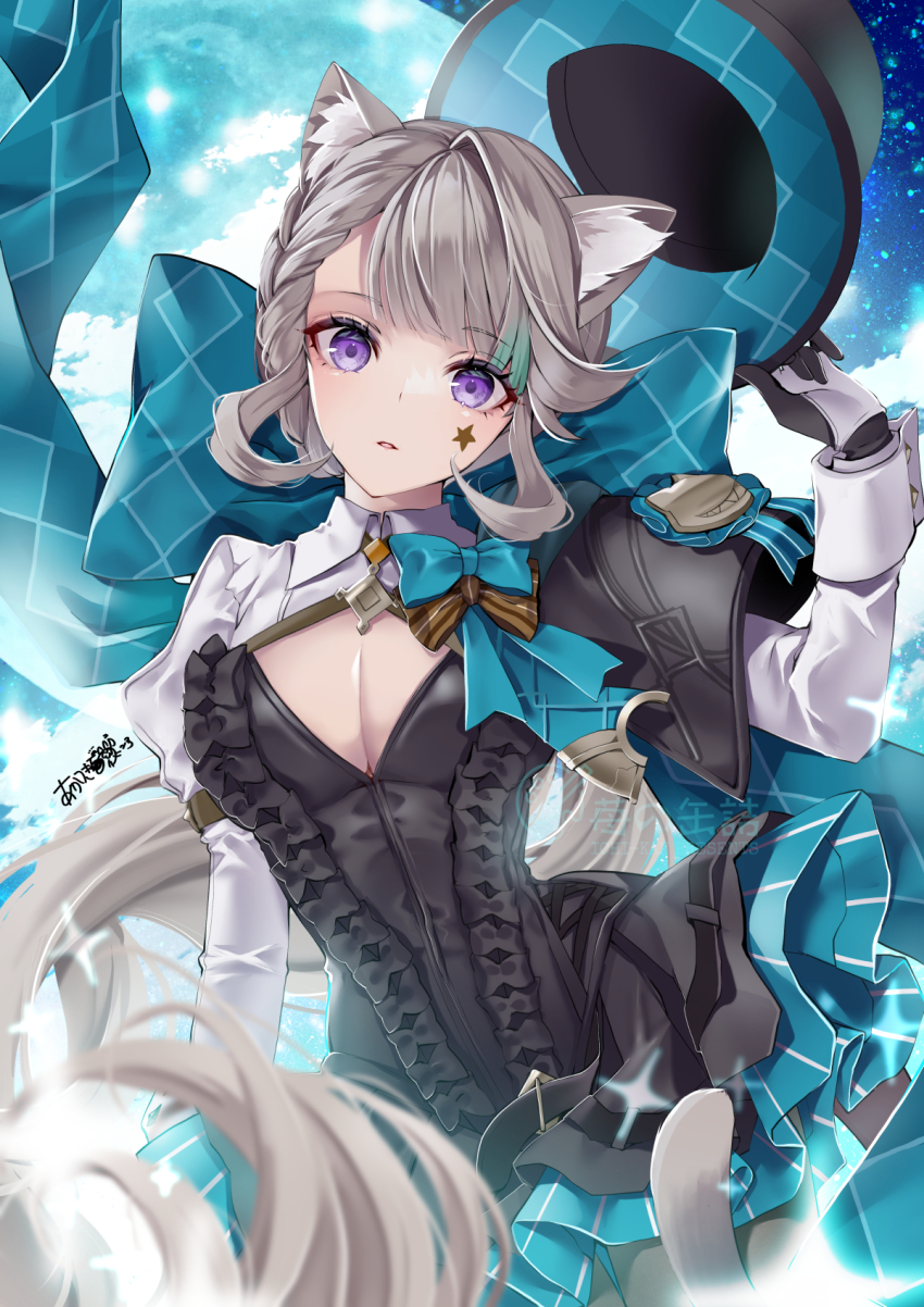1girl akatsuki_hijiri animal_ears black_capelet black_dress black_gloves black_hat blush bow breasts capelet cat_ears cat_girl cat_tail cleavage cleavage_cutout clothing_cutout collared_dress dress facial_mark genshin_impact gloves green_bow green_skirt grey_hair hat highres long_hair looking_at_viewer lynette_(genshin_impact) medium_breasts ponytail purple_eyes sidelocks skirt solo star_(symbol) star_facial_mark tail top_hat two-tone_gloves white_gloves white_sleeves