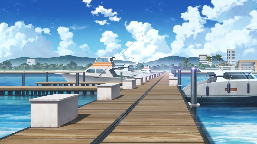 blue_sky boat building cloud cloudy_sky day dock fishing_rod forest highres mountainous_horizon nature no_humans non-web_source ocean official_art our_life:_beginnings_and_always outdoors palm_tree pier ship sky tree water watercraft wooden_floor