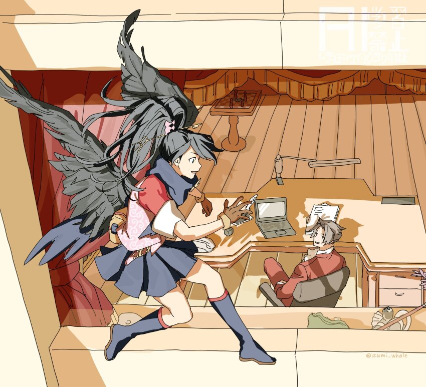 1boy 1girl ace_attorney ace_attorney_investigations bag belt belt_pouch bird_girl bird_wings black_hair black_wings blue_scarf board_game boots brown_gloves chair chess computer curtains day desk drawer eye_contact facing_another feathered_wings floating_hair floor flying formal_clothes from_above full_body gloves grey_hair hair_ornament hair_tie hand_up happy high_ponytail highres in_air izumi_whale jacket karakusa_(pattern) kay_faraday key key_hair_ornament knee_boots laptop light_rays long_hair looking_at_another looking_down looking_up miles_edgeworth pants paper paper_stack papers parted_bangs parted_lips pink_shirt pleated_skirt ponytail pouch red_suit room scarf shadow shirt short_hair short_sleeves sitting skirt sleeves_rolled_up smile solo_focus suit sunbeam sunlight table twitter_username waving window wings
