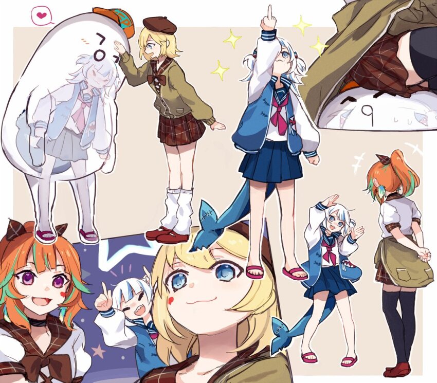 3girls aqua_hair black_thighhighs blonde_hair blue_eyes blue_serafuku blue_skirt blue_vest cardigan cardigan_around_waist clothes_around_waist earrings feather_earrings feathers fins fish_tail gawr_gura hair_ornament hairclip hololive hololive_english jewelry medium_hair middle_finger multicolored_hair multiple_girls neckerchief official_alternate_costume official_alternate_hairstyle open_clothes open_mouth open_vest orange_hair petting pleated_skirt ponytail red_neckerchief school_uniform serafuku shark_girl shark_tail skirt streaked_hair tail takanashi_kiara thighhighs two_side_up vest virtual_youtuber watson_amelia white_hair yuuyu_(777)