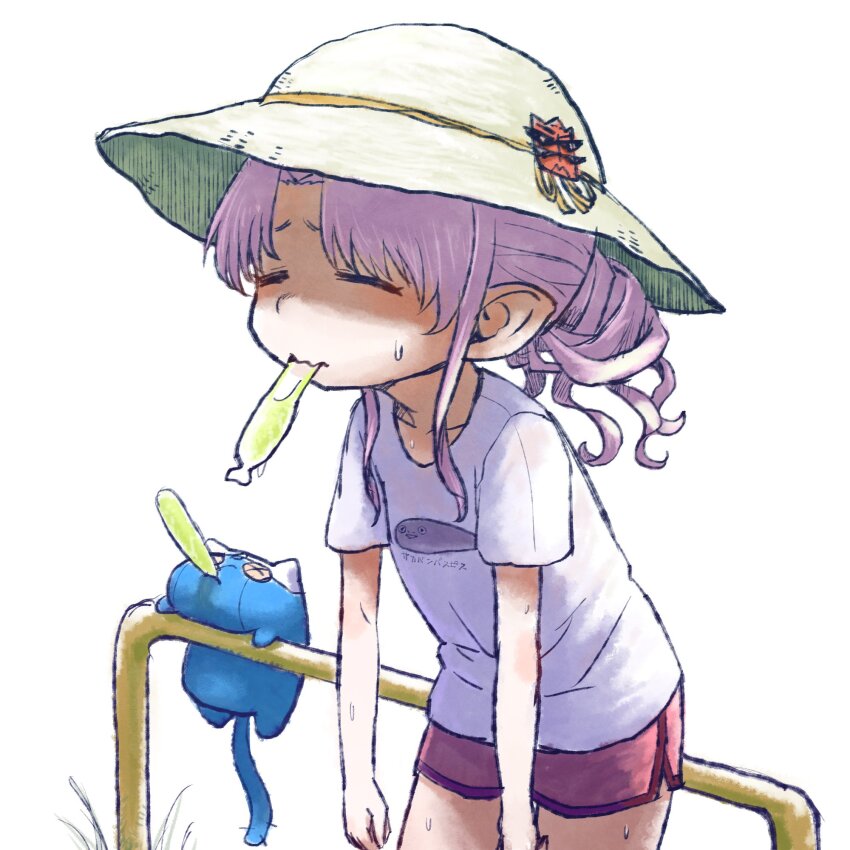 1girl alternate_costume alternate_hairstyle animal_print casual closed_eyes cowboy_shot dolphin_shorts facing_ahead furrowed_brow hair_bun hat highres hunched_over kuron_(uhhr2odhrppc5nw) leaning_forward long_hair mouth_hold onikko_hunter_tsuina-chan pink_hair pink_shorts pointy_ears print_shirt railing sacabambaspis shade shirt short_shorts short_sleeves shorts simple_background solo standing sun_hat sweat t-shirt tsuina-chan tupet voiceroid wavy_mouth white_background