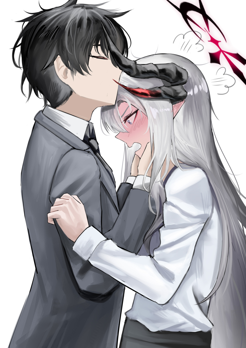 1boy 1girl absurdres affectionate black_horns black_necktie blue_archive blue_eyes blush closed_eyes curved_horns demon_horns ear_blush embarrassed erlisa_takanashi eyeshadow formal_clothes formal_clothes gradient_halo gradient_horns grey_eyebrows grey_hair grey_suit halo hands_on_another&#039;s_cheeks hands_on_another&#039;s_face hetero highres horns jacket kiss kissing_head long_hair long_sleeves looking_down makeup makoto_(blue_archive) messy_hair multicolored_halo multicolored_horns multiple_horns necktie no_coat no_headwear pointy_ears puff_of_air red_eyeshadow red_halo sensei_(blue_archive) shirt short_hair simple_background sleeve_cuffs suit suit_jacket white_background white_shirt