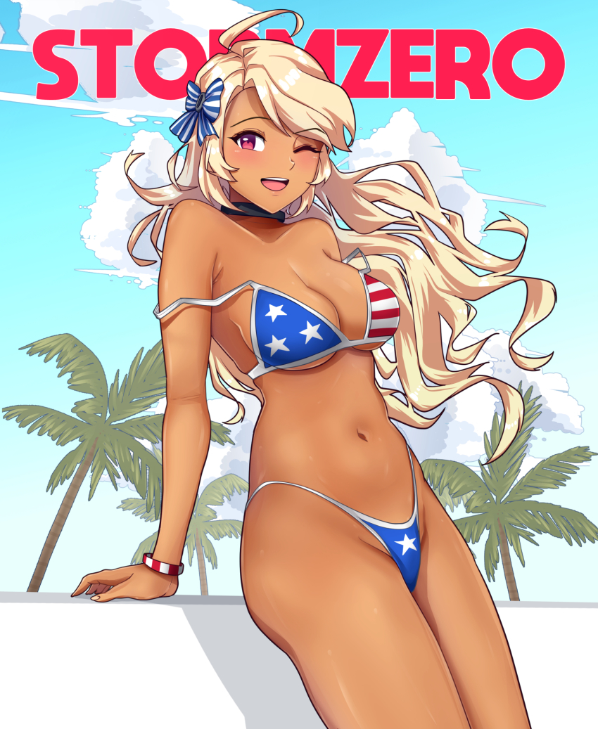 1girl american_flag american_flag_bikini american_flag_print artist_name azur_lane bare_shoulders bikini black_choker blonde_hair bracelet breasts brooklyn_(azur_lane) choker cleavage culton dark-skinned_female dark_skin female_focus flag_print flag_print_bikini highleg highleg_bikini highres jewelry long_hair medium_breasts navel one_eye_closed open_mouth palm_tree print_bikini red_eyes ribbon solo strap_slip striped_ribbon swimsuit tan tree underboob wavy_hair wink