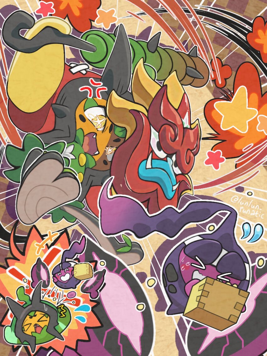 anger_vein attack beans closed_eyes club club_(weapon) fangs highres holding holding_club holding_weapon mask nintendo no_humans ogerpon ogerpon_(hearthflame_mask) open_mouth pecharunt pokemon pokemon_(creature) ponytail runachikku setsubun spiked_club star-shaped_pupils star_(symbol) sweatdrop symbol-shaped_pupils weapon yellow_eyes