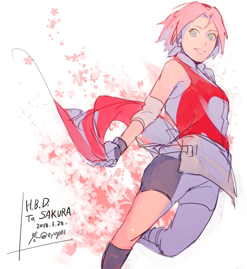 1girl bike_shorts black_gloves black_shorts character_name dated elbow_pads gloves green_eyes grin haruno_sakura highres looking_at_viewer naruto_(series) naruto_shippuuden ninja pink_hair red_shirt shirt short_hair shorts simple_background sleeveless sleeveless_shirt smile solo tareme teeth white_background zifletts