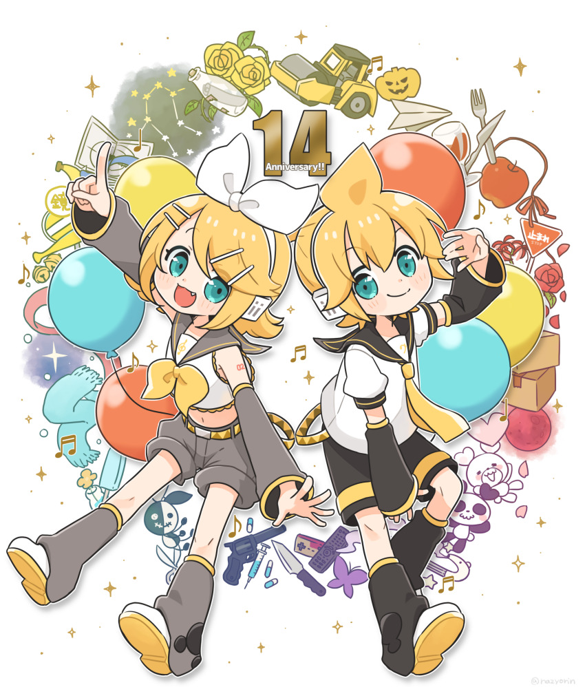1boy 1girl anniversary apple aqua_eyes aqua_scarf arm_at_side arm_up balloon banana bare_shoulders beamed_sixteenth_notes bell belt between_legs black_sailor_collar black_shorts blonde_hair blush_stickers bottle bow box bug butterfly circle closed_mouth colorful constellation contrapposto controller crop_top cup dagger detached_sleeves dot_nose drink drinking_glass eyes_visible_through_hair fang flower food fork fringe_trim fruit full_body full_moon game_controller gemini_(constellation) grey_pants grey_sailor_collar gun hair_between_eyes hair_bow hair_ornament hairclip hand_between_legs handgun headset heart highres index_finger_raised insect jar kagamine_len kagamine_rin knee_up knife leaf leg_warmers legs_apart light_blush light_particles m/ midriff moon musical_note musical_note_print najo navel neckerchief necktie open_mouth outline pants paper paper_airplane petals pill plant popsicle puffy_short_sleeves puffy_sleeves pumpkin purple_butterfly quarter_note red_flower red_moon red_ribbon red_rose remote_control revolver ribbon rose rose_petals sailor_collar scarf scissors shoe_soles shoes short_hair short_sleeves shorts side-by-side sign simple_background smile sparkle spider_lily star_(symbol) steamroller string stuffed_animal stuffed_panda stuffed_toy syringe teddy_bear thorns treble_clef vines vocaloid weapon white_background white_bow white_footwear white_outline yellow_belt yellow_flower yellow_neckerchief yellow_necktie yellow_rose