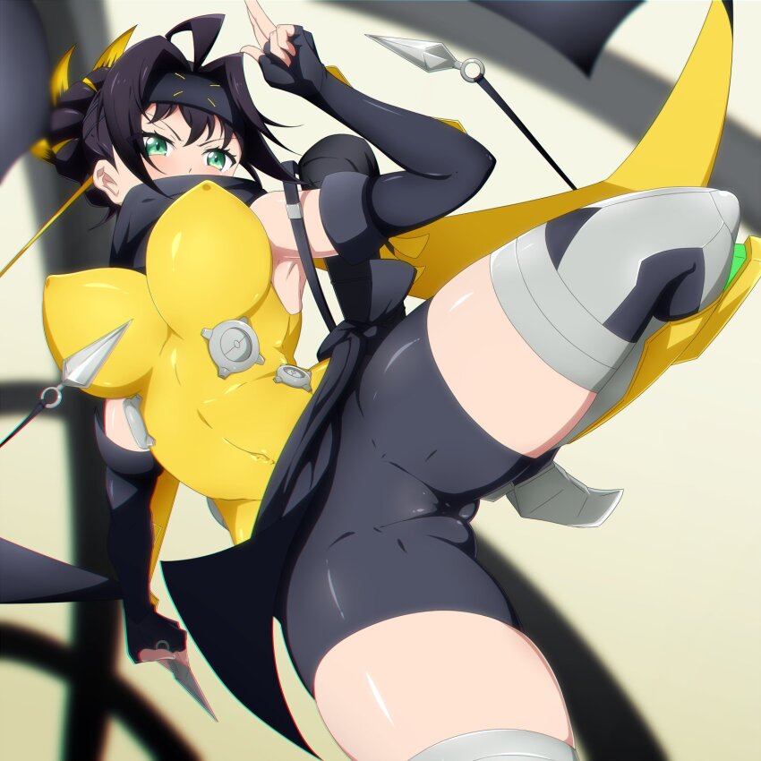 1girl bike_shorts black_hair black_scarf black_shorts breasts covered_erect_nipples cowboy_shot danpu duel_monster green_eyes headband highres kuji-in kunai large_breasts ninja s-force_rappa_chiyomaru s:p_little_knight scarf shirt shorts skin_tight solo weapon yellow_shirt yu-gi-oh!