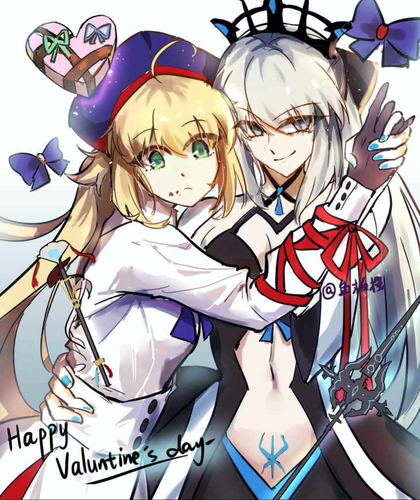 2girls alizi795 artist_name artoria_caster_(fate) artoria_caster_(second_ascension)_(fate) artoria_pendragon_(fate) black_bow blonde_hair blue_eyes bow fate/grand_order fate_(series) hair_between_eyes hair_bow hat highres long_hair looking_at_viewer morgan_le_fay_(fate) morgan_le_fay_(third_ascension)_(fate) multiple_girls nail_polish ponytail smile stomach_tattoo tattoo tiara very_long_hair white_hair