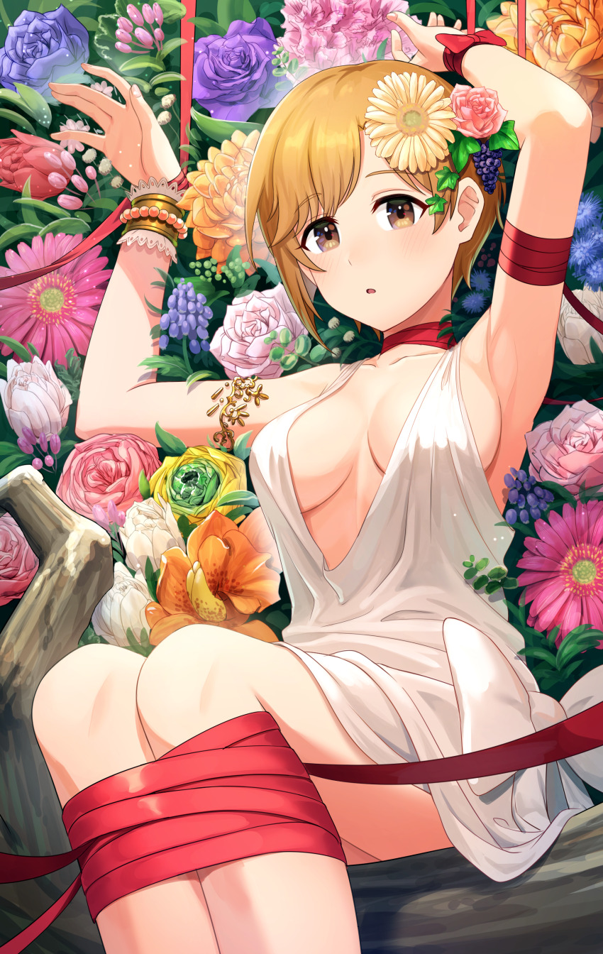 1girl :o absurdres aiba_yumi armpits blue_flower blush breasts brown_eyes brown_hair commentary_request dress flower gerbera hair_flower hair_ornament hands_up highres idolmaster idolmaster_cinderella_girls kurageso looking_at_viewer medium_breasts pink_flower pink_rose purple_flower purple_rose red_ribbon restrained ribbon rose short_hair sitting solo white_dress white_flower white_rose wrist_cuffs