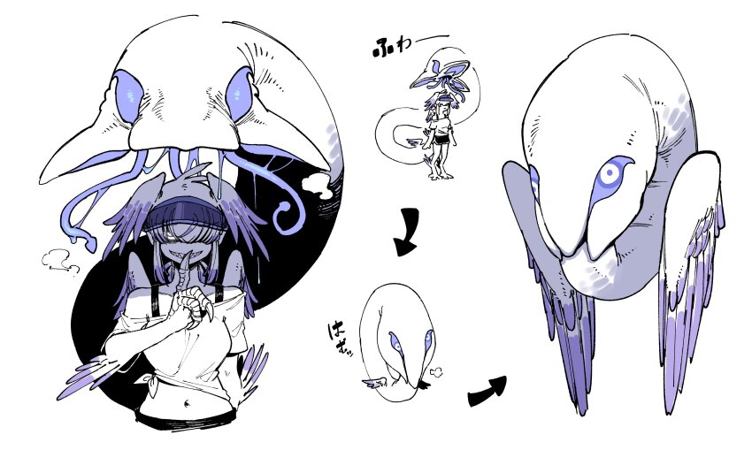 1girl absurdres arrow_(symbol) bare_shoulders claws dolphin_shorts feathered_wings finger_to_mouth grin hair_over_eyes head_wings highres karasu_raven large_tail monochrome monster_girl navel original sharp_teeth shirt short_shorts shorts shushing sidelocks smile solo spot_color standing tail tail_mouth teeth tied_shirt visor_cap wings