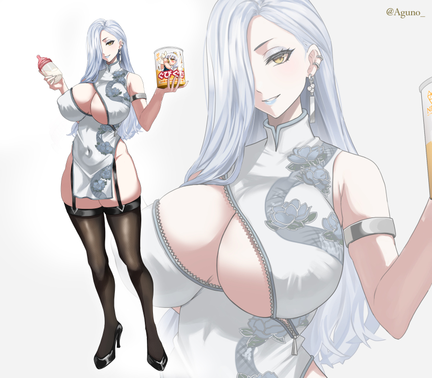 1girl absurdres baby_bottle bare_shoulders black_thighhighs blue_lips blush bottle breasts china_dress chinese_clothes cleavage cleavage_cutout clothing_cutout dress earrings eyeliner fate/grand_order fate_(series) full_body grin hair_over_one_eye high_heels highres jewelry large_breasts long_hair looking_at_viewer makeup mrs._snake_(fate) pelvic_curtain shibao_aoyama smile super_baby_caren thighhighs white_dress white_hair yellow_eyes zoom_layer