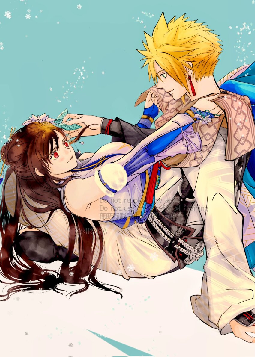 1boy 1girl aqua_background arm_support bare_shoulders black_hair blonde_hair blue_eyes blush breasts cloud_strife cloud_strife_(official_festive_garb) commentary_request couple detached_sleeves earrings feet_out_of_frame final_fantasy final_fantasy_vii final_fantasy_vii_ever_crisis flower from_side hair_flower hair_ornament highres japanese_clothes jewelry kimono large_breasts long_hair looking_at_another lying lying_on_lap lying_on_person nikuya_(nikuya888) obi official_alternate_costume on_back parted_lips profile red_eyes sash scarf short_hair sitting sleeveless sleeveless_kimono smile spiked_hair tassel tassel_earrings tifa_lockhart tifa_lockhart_(festive_blue_daffodil_attire)