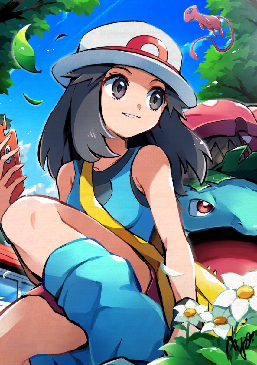 1girl ayo_(ayosanri009) blue_shirt breasts brown_eyes brown_hair closed_mouth gen_1_pokemon gen_4_pokemon hat highres holding leaf_(pokemon) legendary_pokemon long_hair mew_(pokemon) mythical_pokemon nintendo pokemon pokemon_(creature) pokemon_day pokemon_frlg red_skirt rotom rotom_phone shirt skirt sleeveless sleeveless_shirt smile too_many_watermarks venusaur watermark wristband