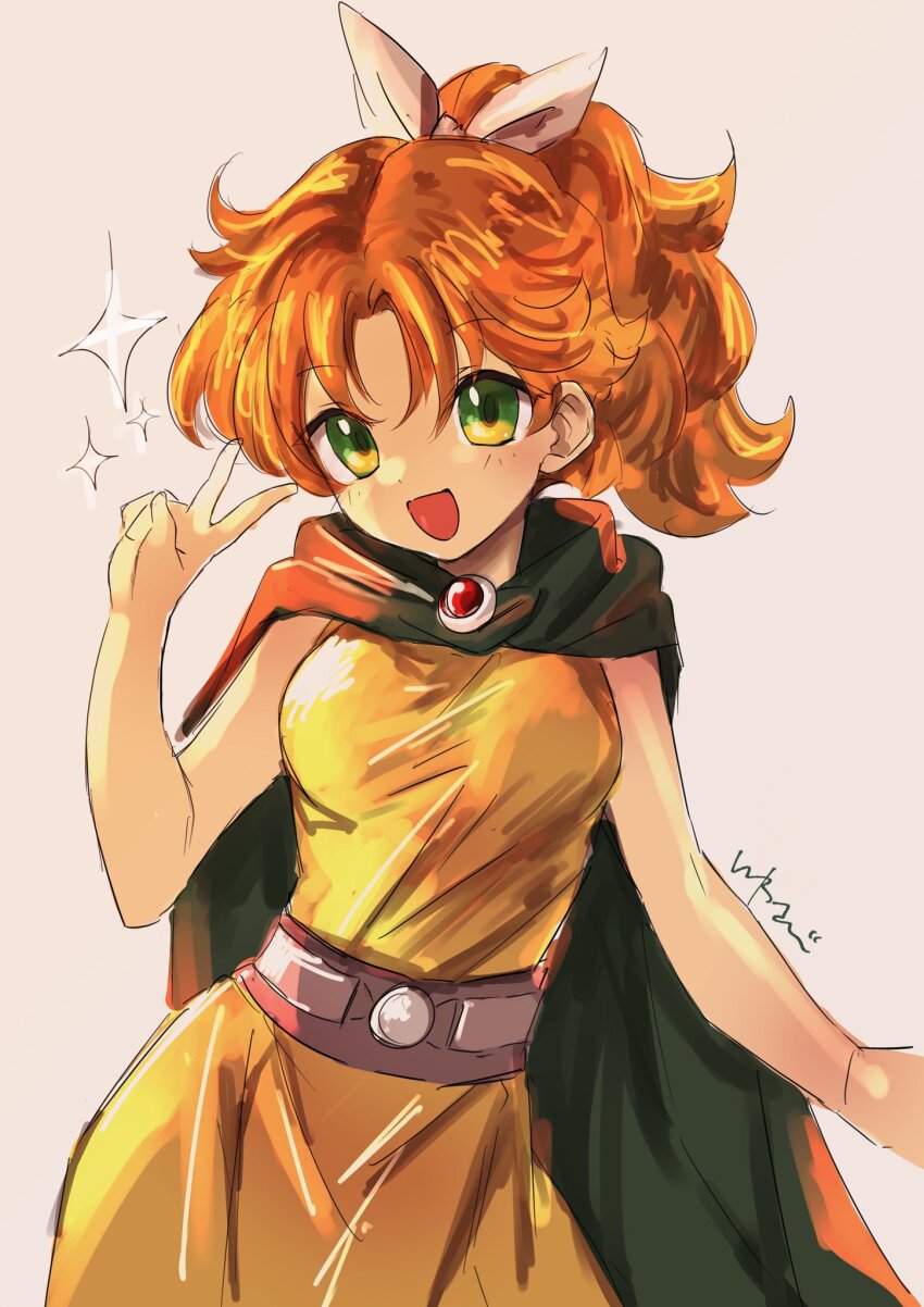 1girl :d cape dragon_quest dragon_quest_ii green_cape green_eyes highres looking_at_viewer open_mouth orange_hair prince_of_samantoria smile solo sparkle standing studio_sugimoto v white_background