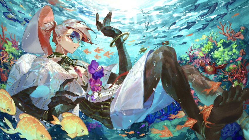 1boy air_bubble arm_up barefoot black_nails black_shirt black_skin blue-tinted_eyewear blue_eyes boutonniere bracelet bubble chest_jewel colored_skin commentary coral_reef crab fate/grand_order fate_(series) fingernails fish flower foot_out_of_frame from_side gem gold_bracelet gold_choker gold_necklace hibiscus highres hood jewelry karna_(fate) karna_(summer_outfit)_(fate) long_fingernails looking_up male_focus multicolored_hair nail_polish necklace parted_lips pink_flower ponytail purple_flower red_gemstone red_hair sailin shirt short_hair short_ponytail short_sleeves shorts solo striped_clothes striped_shirt sunglasses symbol-only_commentary tinted_eyewear toes two-tone_hair underwater vertical-striped_clothes vertical-striped_shirt white_hair white_shirt white_shorts