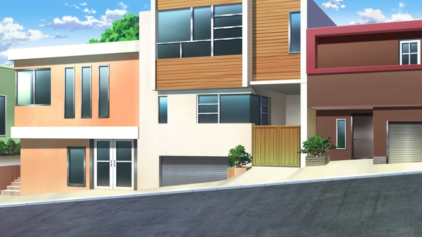 blue_sky brick_wall bush cloud cloudy_sky day fence garage highres house no_humans non-web_source official_art our_life:_beginnings_and_always outdoors plant potted_plant road scenery sky stairs variant_set window wooden_wall