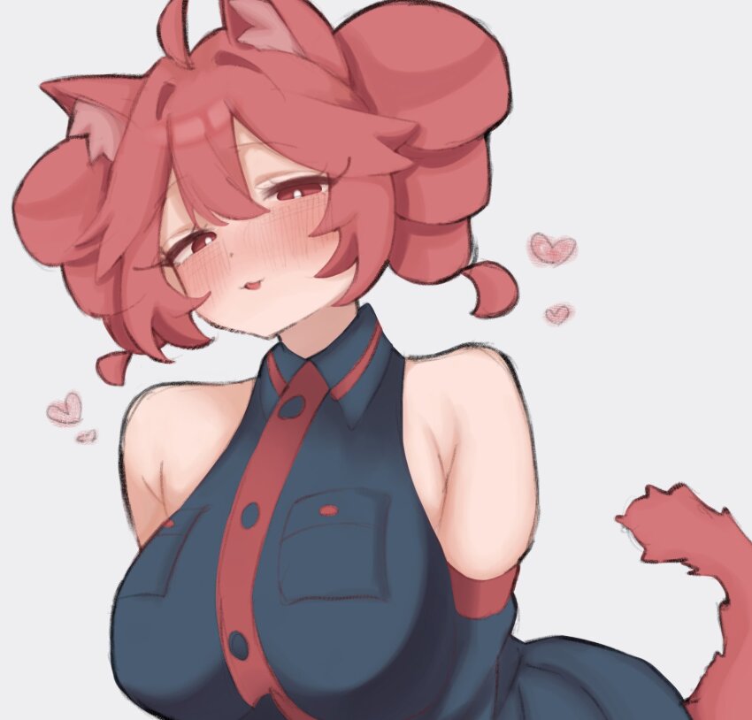 1girl ahoge alternate_breast_size animal_ears bare_shoulders black_shirt black_skirt black_sleeves blush breast_pocket breasts cat_ears cat_tail collared_shirt detached_sleeves dot_nose drill_hair grey_background hair_between_eyes heart highres kasane_teto kasane_teto_(utau) large_breasts looking_at_viewer parted_lips pocket red_eyes red_hair red_tail shirt simple_background skirt sleeveless solo tail twin_drills upper_body ur_(ur_o_) utau
