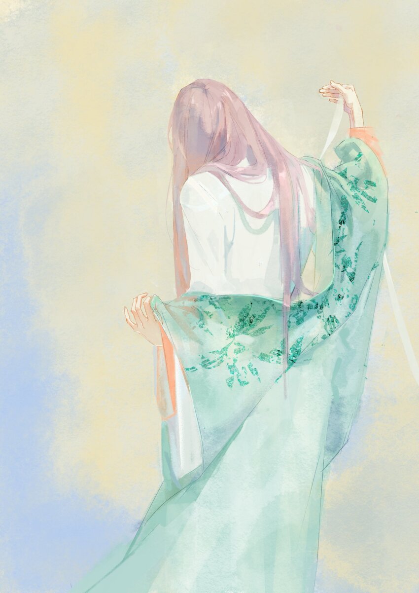 1boy androgynous check_copyright chinese_clothes copyright_request dressing facing_down feet_out_of_frame from_behind green_jacket grey_hair hair_over_shoulder hands_up hanfu highres jacket long_sleeves original outstretched_arms robe siyemmm solo standing straight_hair white_robe wide_sleeves yellow_background