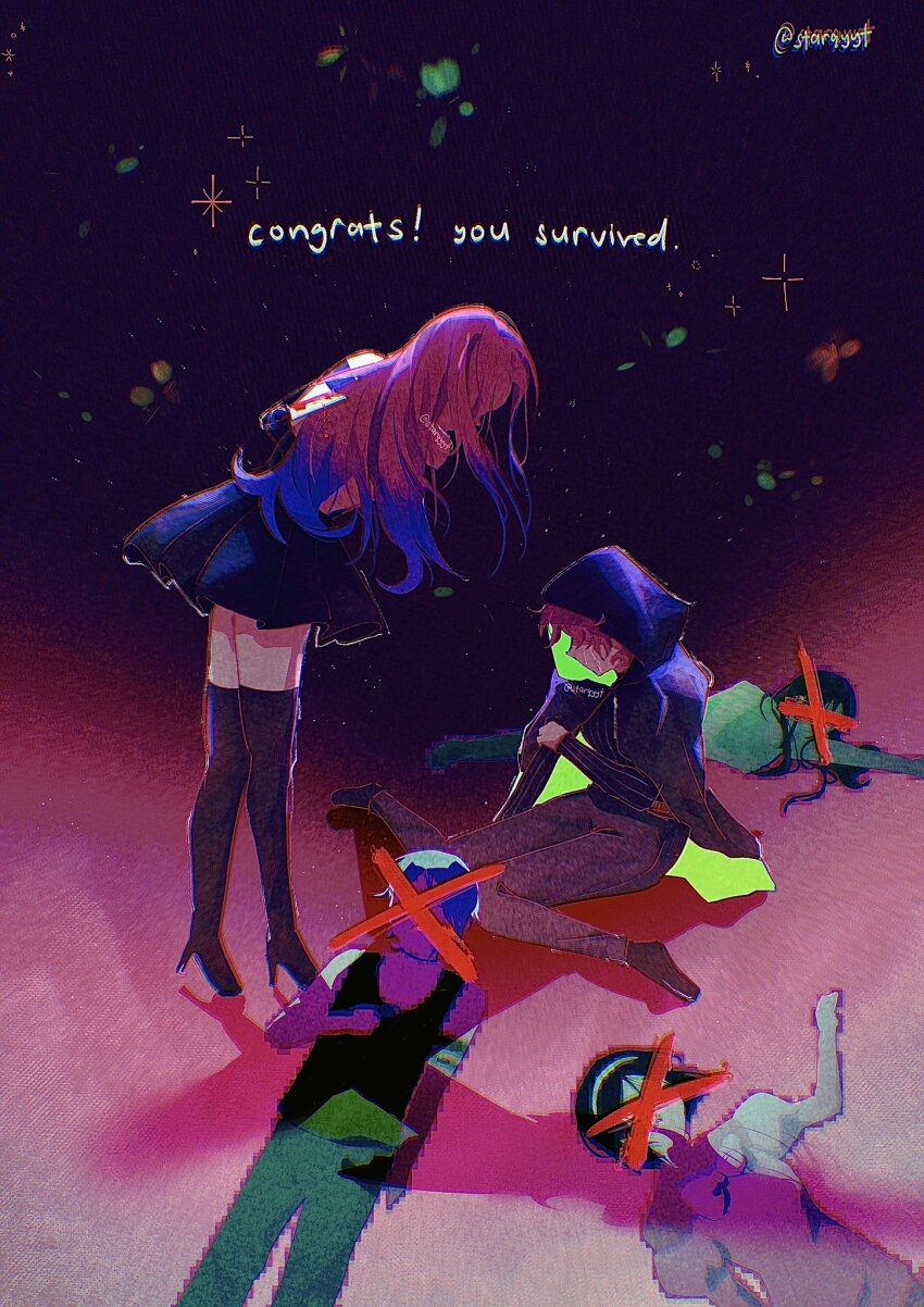 1boy 4girls alien_stage black_boots black_cloak black_dress black_hood black_pants black_shirt blue_hair boots cloak commentary dress dual_persona english_commentary english_text high_heel_boots high_heels highres hood hood_up hyuna_(alien_stage) long_hair lying mizi_(alien_stage) multicolored_hair multiple_girls on_back pants pink_hair shirt short_hair signature starqyyt sua_(alien_stage) tears thigh_boots till_(alien_stage) two-tone_hair very_long_hair x