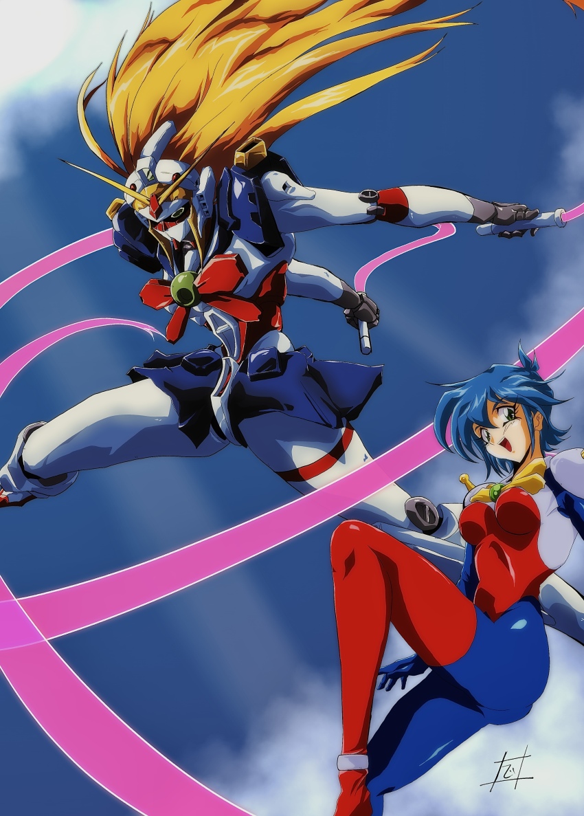 1990s_(style) 1girl 1other absurdres allenby_beardsley black_eyes blonde_hair blue_bodysuit blue_hair blue_sky bodysuit bow breasts check_copyright cloud commentary_request copyright_request g_gundam gundam highres holding holding_weapon knee_up looking_at_viewer mecha mecha_pilot_suit medium_breasts mobile_suit_gundam mobile_trace_suit multicolored_bodysuit nobel_gundam open_mouth red_bodysuit retro_artstyle robot short_hair sind_ngmhn28 sky smile weapon white_bodysuit yellow_bow