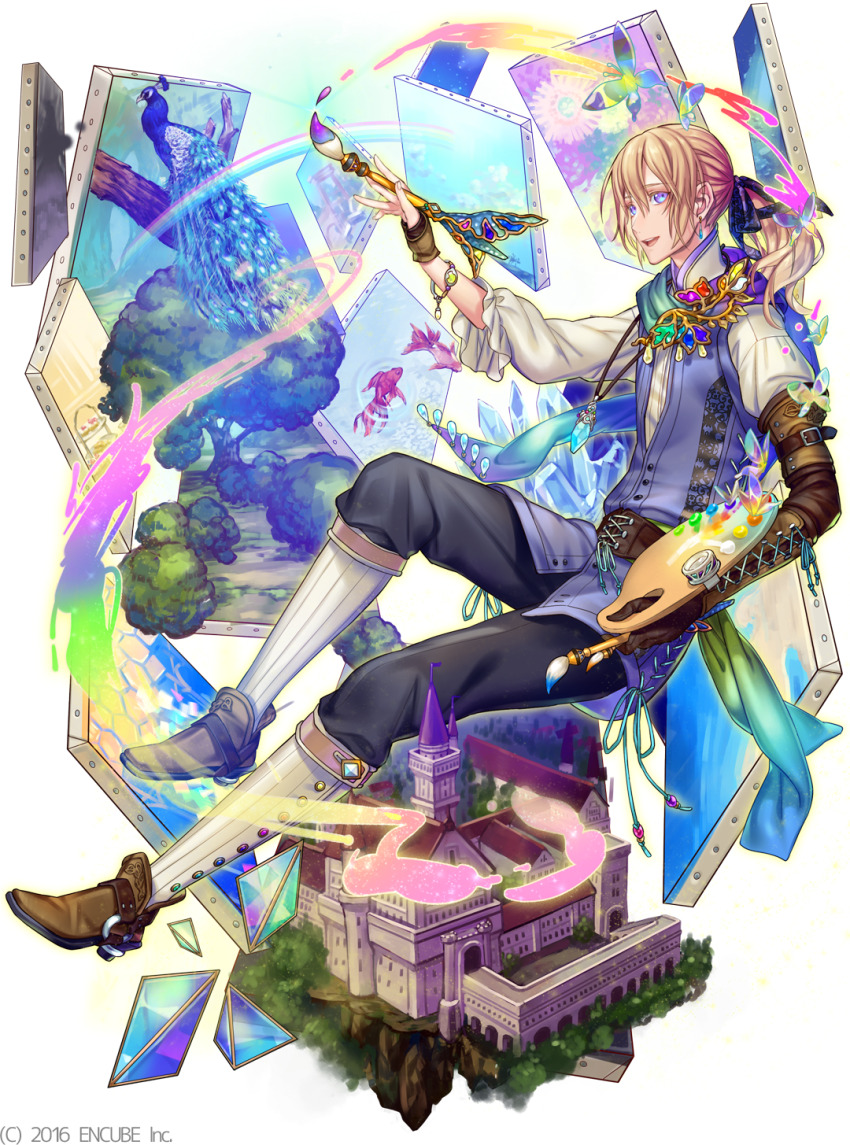 1boy :d aqua_scarf arm_guards asymmetrical_gloves bird black_pants blonde_hair blue_gemstone blue_sash blue_scarf bracelet brooch brown_corset brown_gloves brown_shoes bug butterfly canvas_(object) castle copyright_notice corset crystal earrings elbow_gloves erakis fingerless_gloves fish frilled_sleeves frills full_body gaiters gem gloves goldfish gradient_clothes gradient_scarf green_gemstone green_sash hair_between_eyes hair_over_shoulder hair_ribbon highres holding holding_paint_palette holding_paintbrush holding_paint_palette ice ichiko_milk_tei insect invisible_chair jewelry long_hair long_sleeves looking_at_viewer male_focus mandarin_collar multicolored_scarf official_art open_mouth paint_palette paint_splatter paintbrush painting_(action) painting_(object) paint_palette pants peacock pendant ponytail prism purple_eyes purple_ribbon purple_scarf purple_tunic ribbon sash scarf shirt shoes sideways_glance single_arm_guard sitting smile solo themed_object through_medium through_painting transparent_background tree tunic uneven_gloves white_shirt