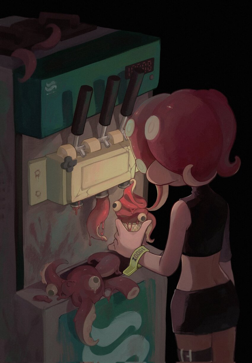 1girl agent_8_(splatoon) arm_at_side belt black_background black_belt black_shirt black_skirt butt_crack commentary cowboy_shot crop_top eyeball food from_behind highres holding holding_ice_cream_cone horror_(theme) ice_cream ice_cream_cone liang_cun_rakuna long_hair nintendo octoling octoling_girl octoling_player_character octopus red_hair shirt single_sleeve skirt solo splatoon_(series) splatoon_2 splatoon_2:_octo_expansion suction_cups symbol-only_commentary tentacle_hair tentacles thigh_belt thigh_strap wristband