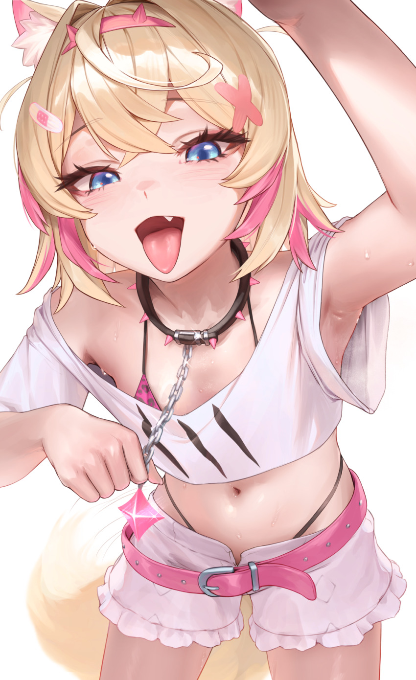 1girl animal_collar animal_ears arm_up armpit_focus armpits bandaid bandaid_hair_ornament belt bilingual_commentary black_collar blonde_hair blue_eyes bra bra_peek collar commentary cropped_shirt crossed_bangs dog_ears dog_girl dog_tail double-parted_bangs english_commentary fake_horns fang frilled_shorts frills hair_between_eyes hair_intakes hair_ornament hairband highleg highleg_panties highres hololive hololive_english horn_hairband horns leopard_print leopard_print_bra looking_at_viewer midriff mixed-language_commentary mococo_abyssgard mococo_abyssgard_(1st_costume) multicolored_hair navel open_mouth padoruu paid_reward_available panties panty_straps pink_belt pink_bra pink_hair pink_hairband print_bra shirt short_hair short_shorts shorts simple_background solo spiked_collar spikes streaked_hair sweat t-shirt tail tongue tongue_out two_side_up underwear virtual_youtuber white_background white_shirt x_hair_ornament