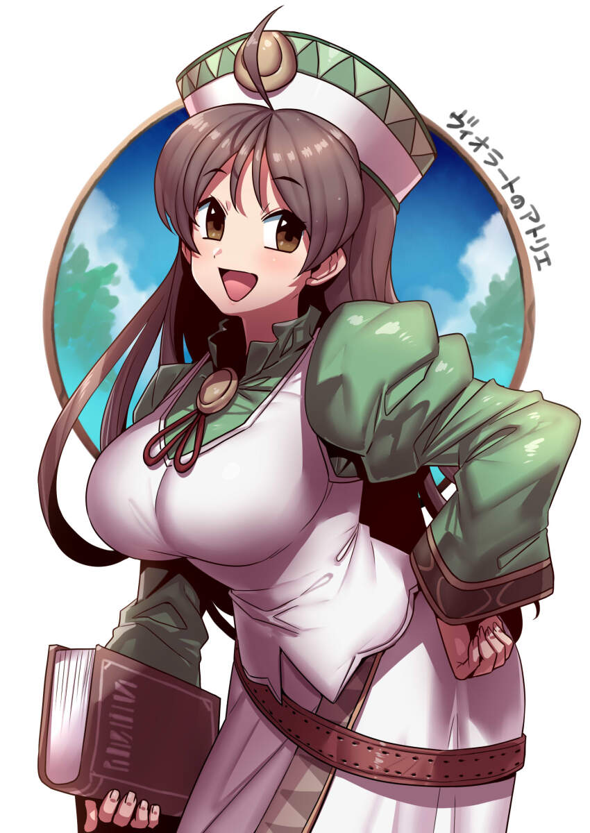 1girl :d ahoge atelier_(series) atelier_viorate book breasts brown_hair cloud dress hat highres large_breasts long_hair long_sleeves looking_at_viewer open_mouth skirt smile solo tukiwani viorate_platane
