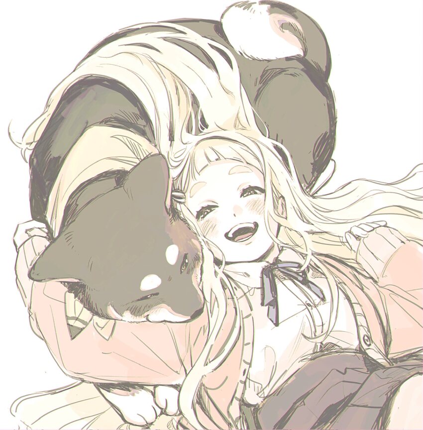 1girl :d arched_bangs blonde_hair blue_ribbon blush cardigan collared_shirt dog dot_nose hair_spread_out half-closed_eyes hand_on_animal highres jump_(ah0029) kuroi_shiba long_hair looking_at_another lying lying_on_animal machita_chima machita_chima_(1st_costume) neck_ribbon neckerchief nijisanji on_back open_cardigan open_clothes open_mouth pink_cardigan ribbon shiba_inu shirt simple_background skirt sleeves_past_wrists smile thick_eyebrows very_long_hair virtual_youtuber white_background white_shirt yellow_neckerchief