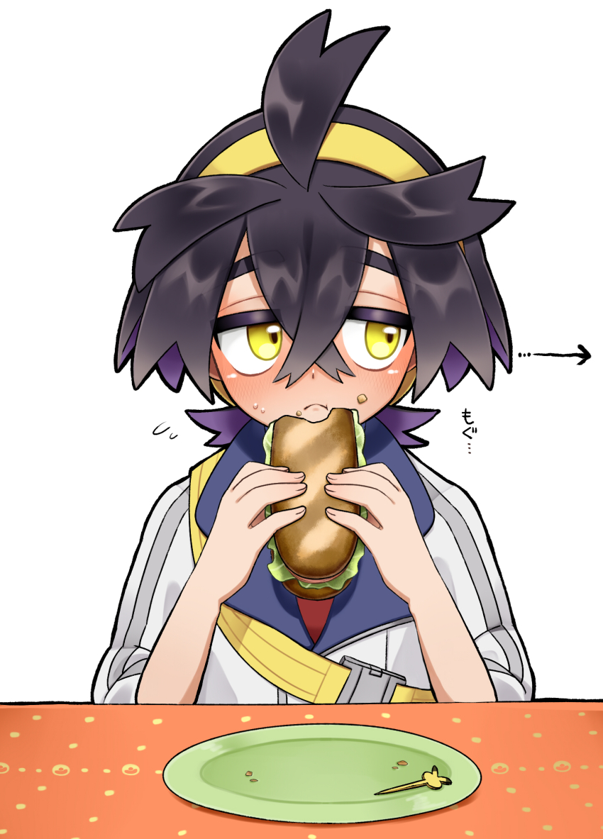 1boy ahoge arrow_(symbol) black_hair blush buckle closed_mouth colored_inner_hair commentary_request crossed_bangs embarrassed flying_sweatdrops food food_on_face hair_between_eyes hairband highres holding holding_food jacket kieran_(pokemon) kyouka._(kyouka) lettuce male_focus multicolored_hair nintendo plate pokemon pokemon_sv sandwich sideways_glance skewer solo strap sweat table white_background white_jacket yellow_eyes yellow_hairband