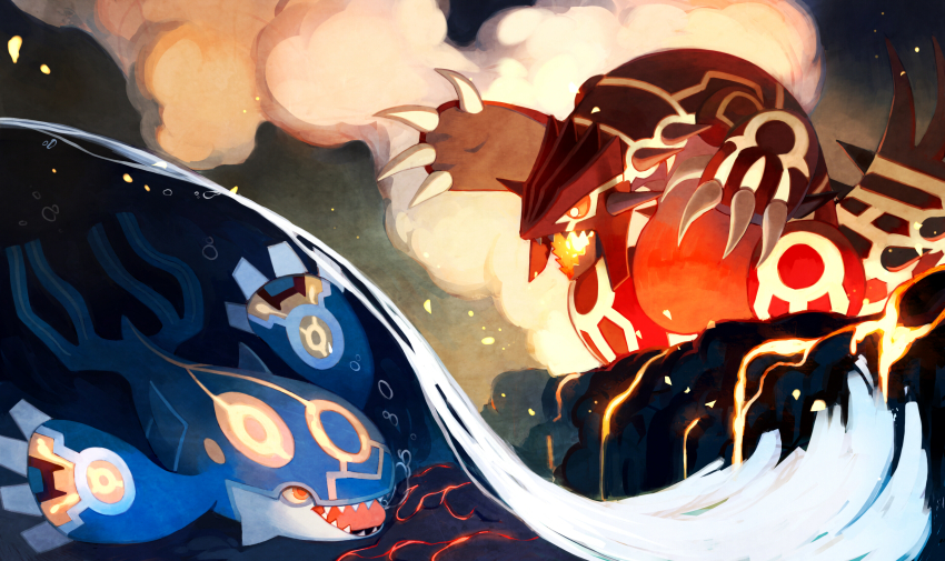 absurdres animal_focus bluekomadori claws colored_sclera commentary english_commentary gen_3_pokemon glowing_mouth groudon highres kyogre lava legendary_pokemon nintendo no_humans open_mouth orange_eyes pokemon pokemon_(creature) pokemon_focus primal_groudon primal_kyogre sharp_teeth smoke spikes swimming teeth underwater yellow_sclera