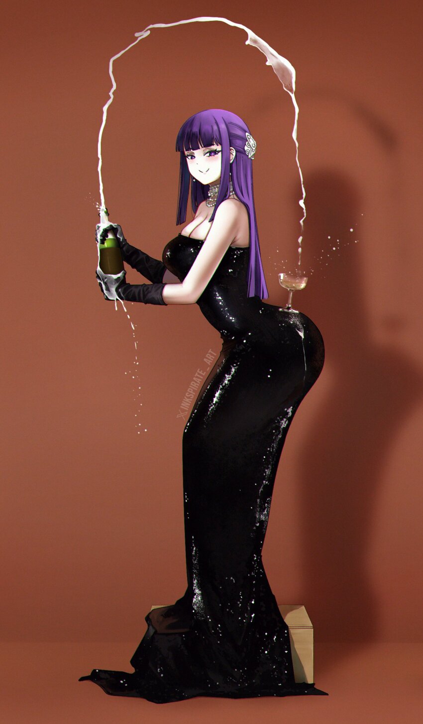 1girl alcohol artist_name ass black_dress black_gloves blunt_bangs blush bottle breasts champagne champagne_bottle champagne_coupe commentary contemporary cup dress drinking_glass fern_(sousou_no_frieren) formal_clothes full_body glass glass_bottle gloves half-closed_eyes highres holding holding_bottle inkspirate jewelry kim_kardashian_paper_cover_(meme) large_breasts long_hair looking_at_viewer meme necklace orange_background parody pearl_necklace photo-referenced purple_hair smile smug solo sousou_no_frieren strapless strapless_dress twitter_x_logo