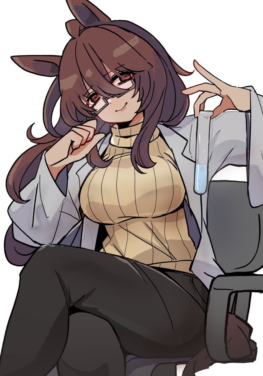1girl agnes_tachyon_(umamusume) ahoge alternate_hair_length alternate_hairstyle animal_ears black_pants breasts chair closed_mouth coat crossed_legs glasses hair_between_eyes hand_up highres holding holding_test_tube horse_ears horse_girl horse_tail kawamochi_(tddm3573) lab_coat large_breasts long_hair long_sleeves office_chair on_chair open_clothes open_coat pants red_eyes simple_background smile solo sweater swivel_chair tail test_tube turtleneck turtleneck_sweater two-sided_fabric umamusume very_long_hair white_background white_coat wide_sleeves yellow_sweater