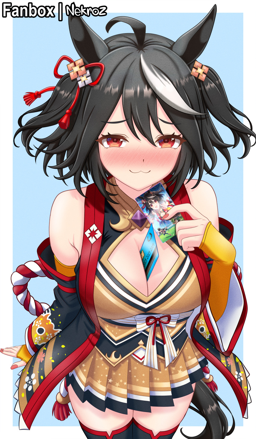 1girl :3 absurdres ahoge animal_ears bare_shoulders between_breasts black_hair black_sleeves black_thighhighs blue_background blush bow breasts brown_dress card card_between_breasts chanchanko_(clothes) cleavage cleavage_cutout closed_mouth clothing_cutout commentary cowboy_shot credit_card detached_sleeves dress ear_ornament ear_ribbon english_commentary fanbox_username flower_ornament hair_between_eyes highres holding holding_card horse_ears horse_girl horse_tail kitasan_black_(umamusume) kouhaku_nawa large_breasts looking_at_viewer medium_hair mixed-language_commentary multicolored_hair nekroz7 nose_blush paid_reward_available pleated_dress red_eyes red_nails rope shimenawa sidelocks skindentation sleeveless sleeveless_dress smile solo standing streaked_hair tail thighhighs two_side_up umamusume white_hair zettai_ryouiki