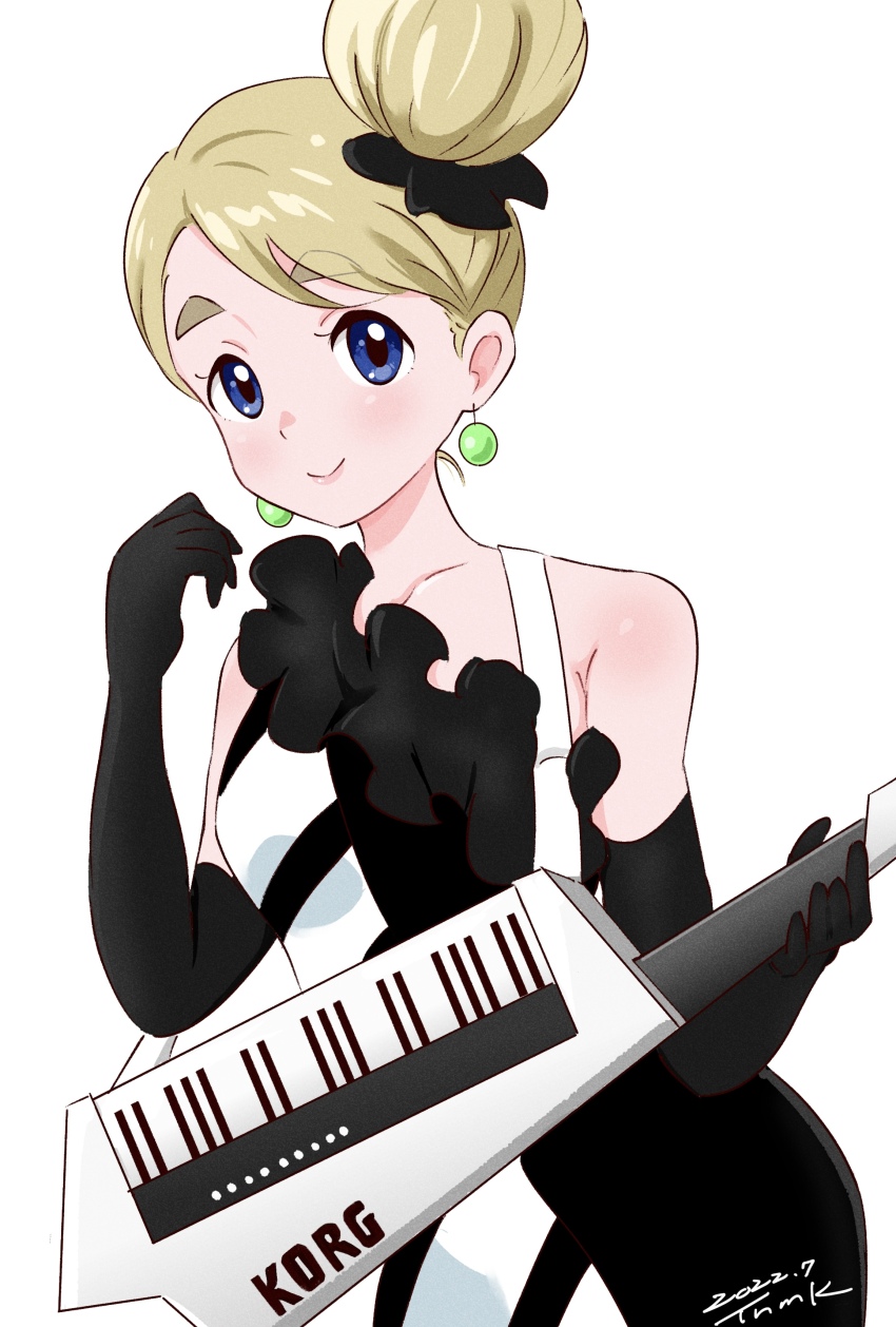 1girl :&gt; absurdres bare_shoulders black_dress black_gloves blonde_hair blue_eyes blush closed_mouth commentary_request dated dress earrings elbow_gloves eyelashes gloves hair_bun highres holding holding_instrument instrument jewelry k-on! keytar kotobuki_tsumugi signature simple_background smile solo thick_eyebrows tsunemoku white_background