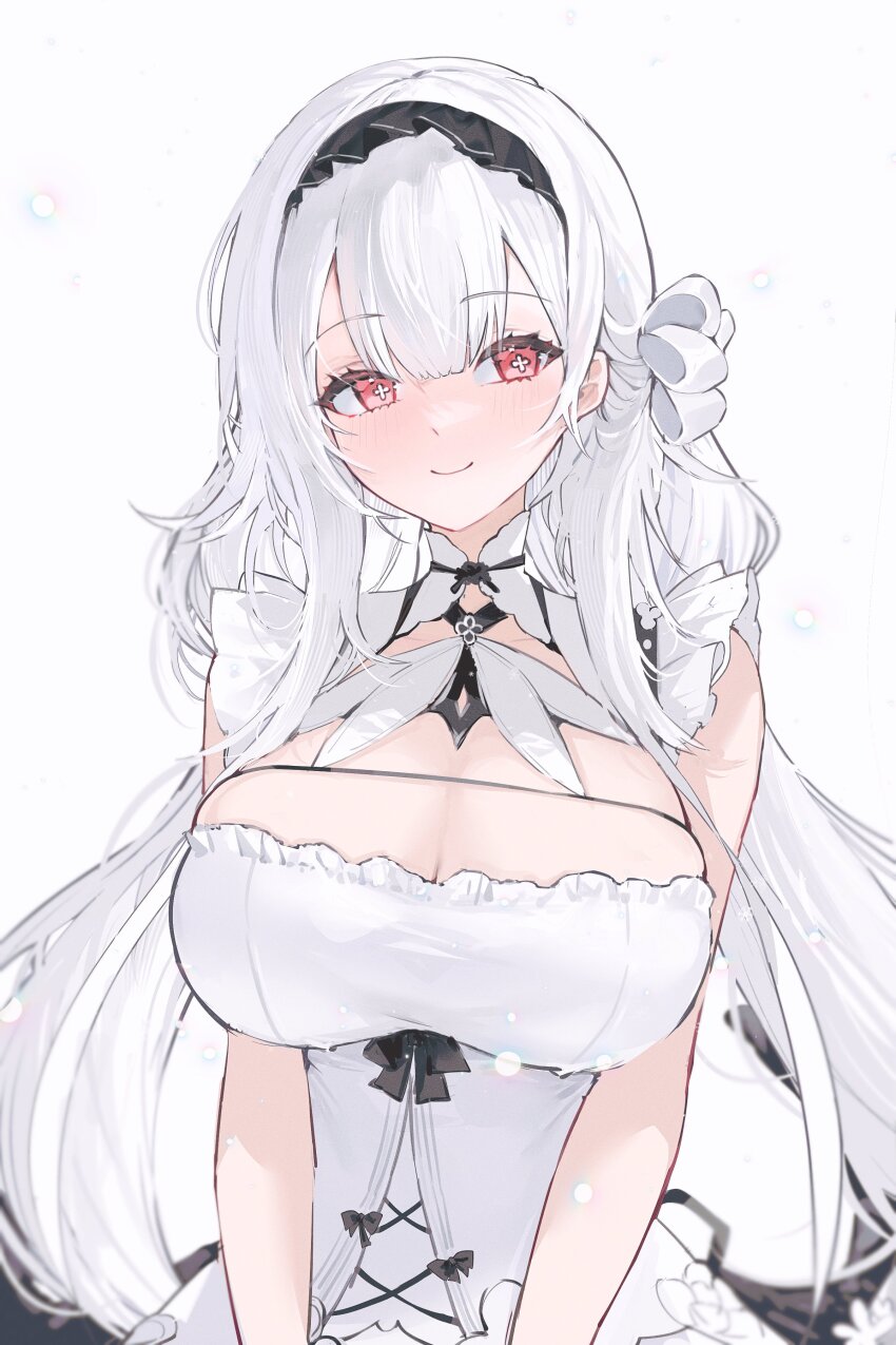 1girl absurdres azur_lane black_hairband breasts cleavage closed_mouth cross-shaped_pupils dress gurami_(zangizarang) hair_ribbon hairband highres large_breasts looking_at_viewer red_eyes ribbon scylla_(azur_lane) simple_background smile solo symbol-shaped_pupils upper_body white_background white_dress white_hair white_ribbon
