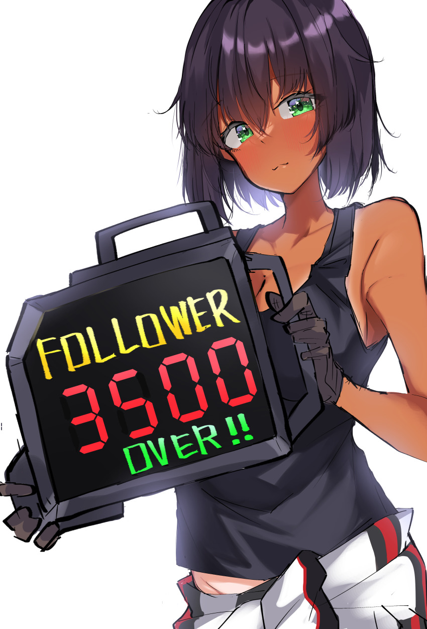 1girl :3 absurdres black_gloves black_hair closed_mouth girls_und_panzer gloves green_eyes highres hoshino_(girls_und_panzer) kshimu looking_at_viewer short_hair smile solo tan tank_top tanline