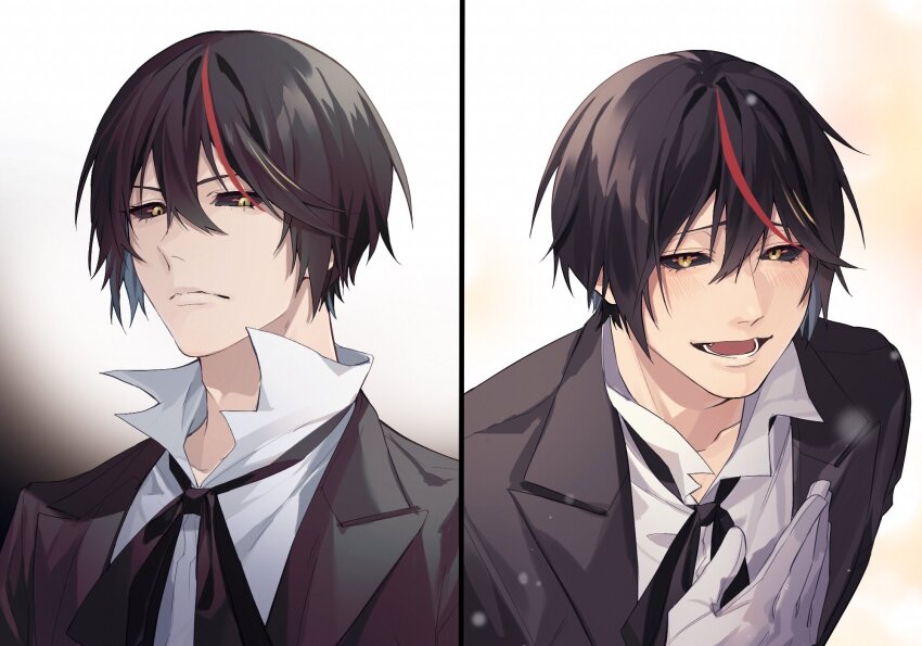 1boy black_hair black_jacket black_sclera closed_mouth colored_sclera demon_boy diablo_(tensura) formal_clothes gloves highres jacket open_mouth shirt short_hair smile tdnowtk tensei_shitara_slime_datta_ken v-shaped_eyebrows white_gloves white_shirt yellow_eyes