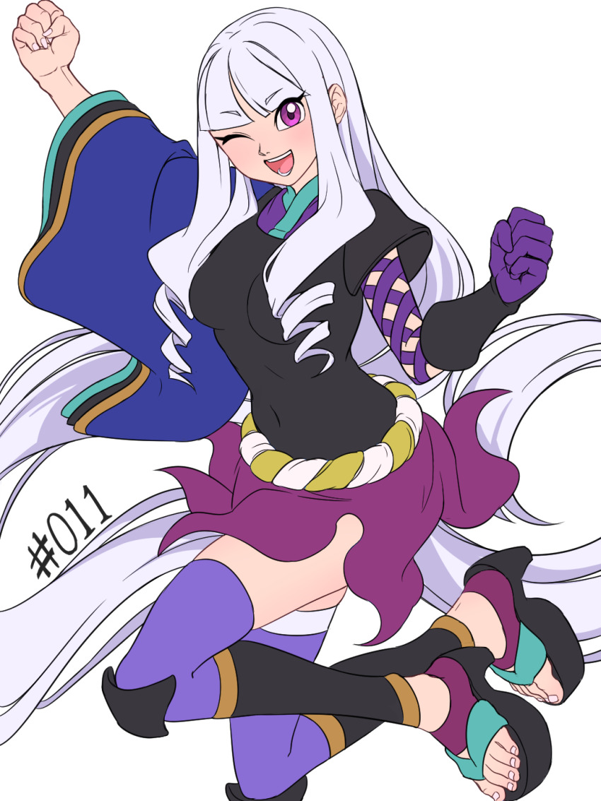 1girl blush breasts curly_hair gloves highres japanese_clothes katanagatari knees long_hair medium_breasts mefomefo nail_(hardware) numbered one_eye_closed purple_eyes purple_skirt sandals skirt smile solo thighhighs togame white_hair