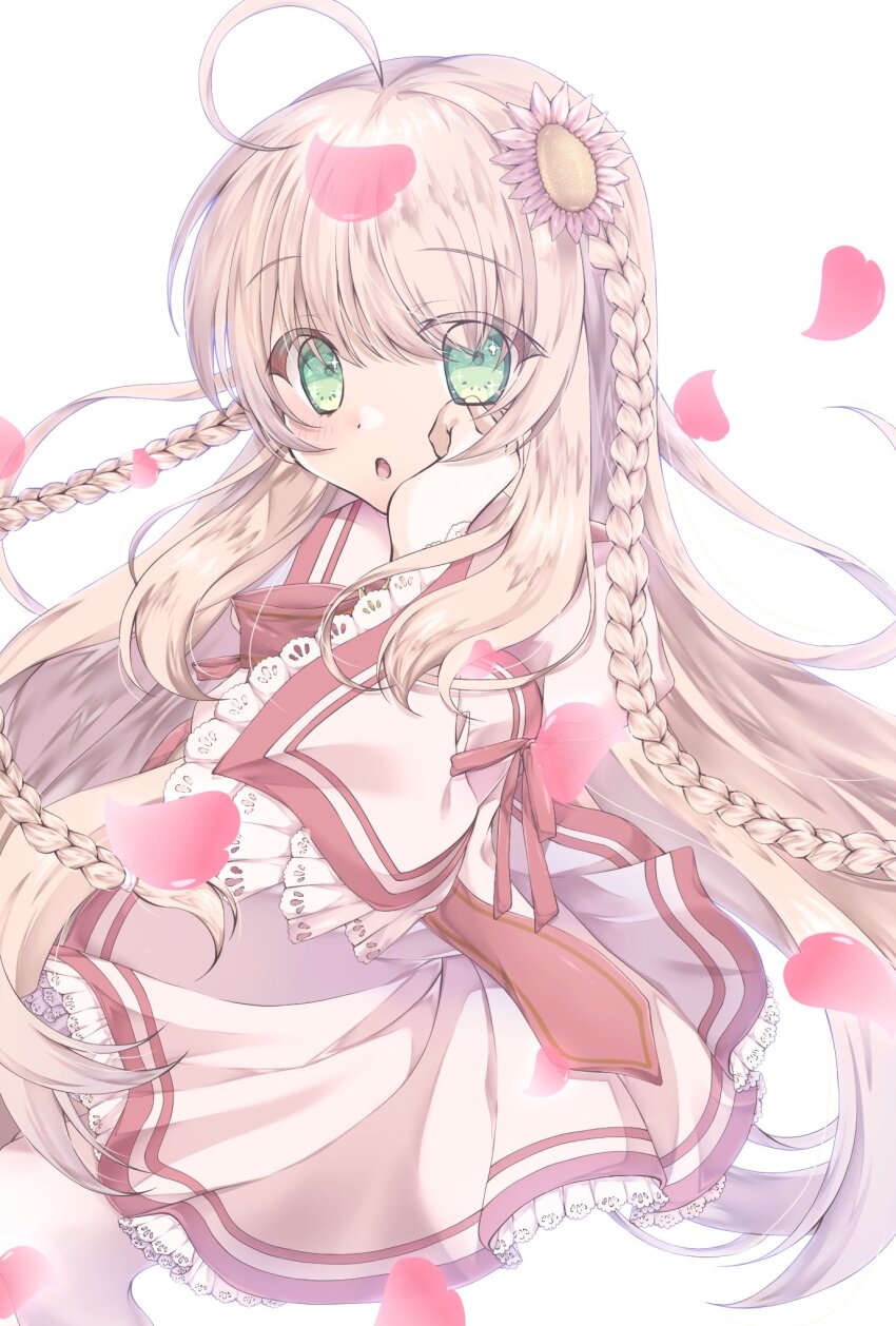 1girl :o ahoge blush bow braid brown_hair clenched_hand commentary cowboy_shot dress eyes_visible_through_hair falling_petals floating_hair flower frilled_dress frilled_sleeves frills from_side green_eyes hair_between_eyes hair_flower hair_ornament hand_up highres juliet_sleeves kanbe_kotori kazamatsuri_institute_high_school_uniform long_hair long_sleeves looking_at_viewer nanacan_nanaoca open_mouth petals pink_dress pink_flower puffy_sleeves red_bow rewrite school_uniform simple_background sitting sleeve_bow solo sparkling_eyes symbol-only_commentary tareme twin_braids very_long_hair white_background wide_sleeves