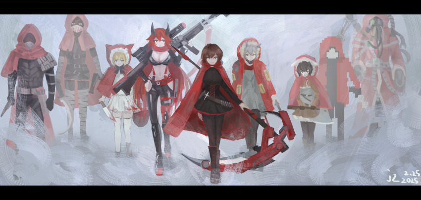 2boys 5girls absurdres animal_ear_hood animal_ears animal_hood arknights armor axe bandages_over_mouth bandolier belt between_breasts black_gloves black_hair black_souls blonde_hair blood blood_on_mask bloody_knife blue_eyes boots breasts brown_dress brown_gloves cape character_request checkered_hairband cleavage cloak clock_necklace clothing_cutout coat coat_stash color_connection colored_sclera copyright_request crescent_rose crimson_scar_(e.g.o) crossover crotch_plate double-parted_bangs dress e.g.o_(project_moon) ears_through_headwear ears_through_hood emiya_kiritsugu emiya_kiritsugu_(assassin) evening_gown eyes_in_shadow fake_animal_ears fate/grand_order fate/zero fate_(series) fingerless_gloves flaming_head flower-shaped_hair fur-trimmed_hood fur_trim gloves goddess_of_victory:_nikke gradient_hair grey_eyes grey_hair hair_between_eyes hairband head-mounted_display highres hip_vent holding holding_axe holding_knife holding_scythe holding_sickle holding_weapon hood hood_up hooded_cape hooded_cloak hooded_jacket horns jacket juliet_sleeves knife large_breasts latex_bikini leather leather_jacket leather_pants leg_cutout lion_cub little_red_riding_hooded_mercenary lobotomy_corporation long_hair long_sleeves looking_at_viewer mask mask_around_neck mechanical_horns medium_breasts meerkat mondlicht_(reverse:1999) multicolored_hair multiple_boys multiple_crossover multiple_girls navel open_clothes open_jacket pants pantyhose paradise_lost_(e.g.o) project_moon projekt_red_(arknights) puffy_sleeves red_cape red_cloak red_coat red_eyes red_hair red_hood red_hood&#039;s_woods red_hood_(black_souls) red_hood_(nikke) red_jacket red_scarf reverse:1999 reverse_upright_straddle ruby_rose rwby scarf scythe sex_from_behind sharp_teeth shirt short_hair sickle small_breasts smile strap_between_breasts tag tail teeth teeth_print thighhighs trait_connection unzipped v-shaped_eyebrows very_long_hair visor_lift warhammer_40k weapon wolf_ears wolf_girl wolf_hood wolf_tail woshijuezhu yellow_eyes yellow_sclera