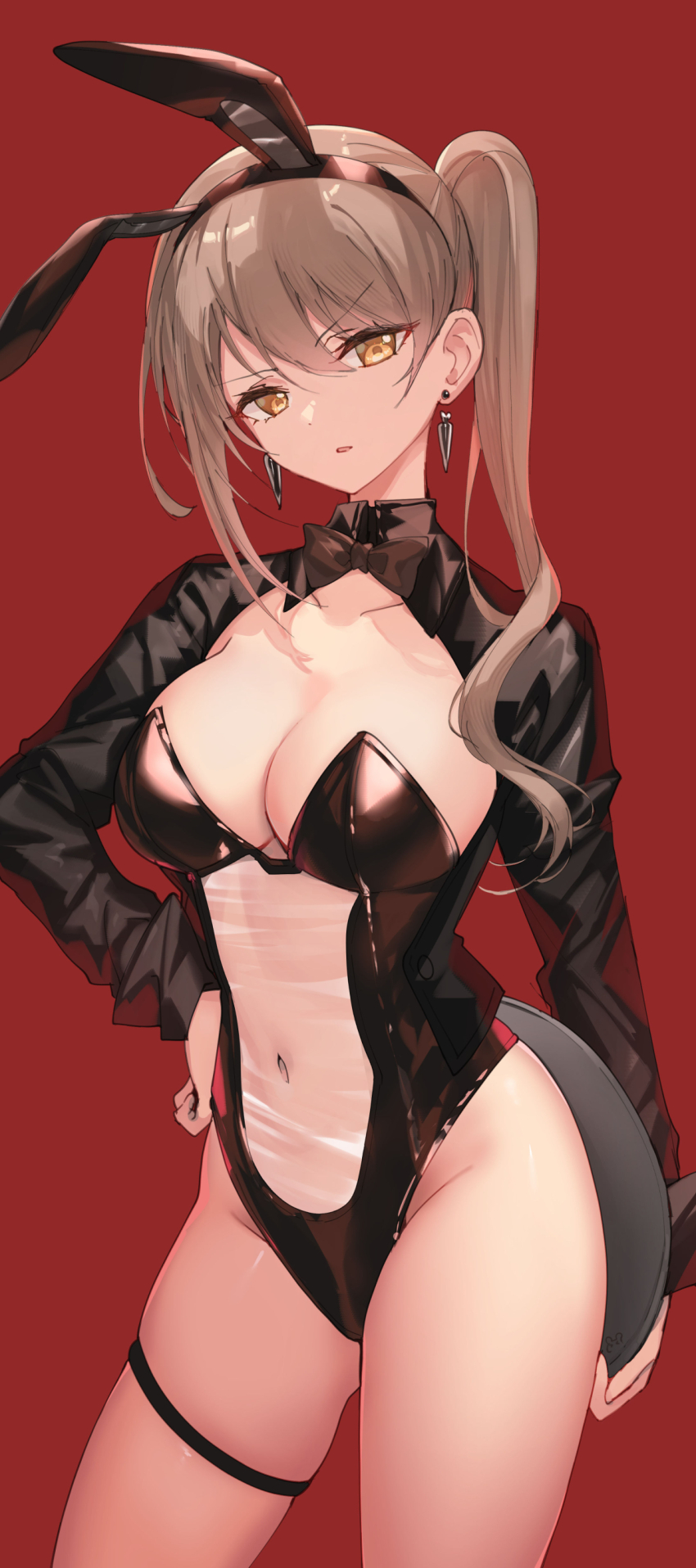 1girl absurdres aki_rinco animal_ears bison_cangshu black_hairband black_leotard bow bowtie breasts brown_bow brown_bowtie brown_eyes brown_hair cleavage commentary_request earrings fake_animal_ears hair_between_eyes hairband hand_on_own_hip highres holding holding_tray jewelry leotard long_hair looking_at_viewer medium_breasts meme_attire navel parted_lips project-sp rabbit_ears red_background see-through_clothes see-through_leotard shrug_(clothing) side_ponytail skindentation solo strapless strapless_leotard thigh_strap translucent_bunnysuit tray v-shaped_eyebrows