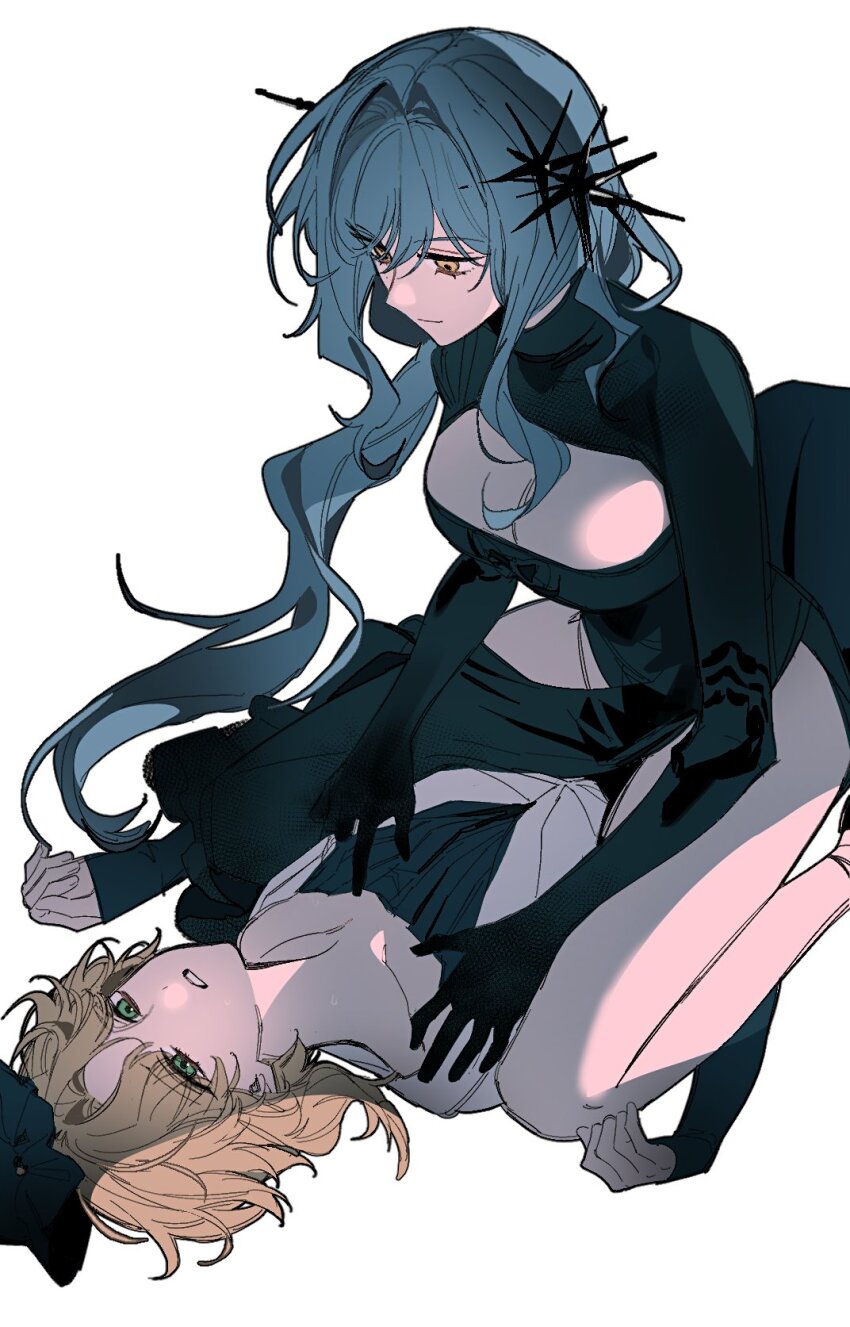 2girls arcana_(reverse:1999) arcard9_9 bare_legs black_gloves blonde_hair blue_hair breasts cleavage closed_mouth commentary_request druvis_iii gloves green_eyes highres jacket korean_commentary large_breasts long_hair multiple_girls parted_lips reverse:1999 simple_background smile straddling white_background white_jacket yellow_eyes yuri
